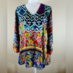 Johnny Was Silk V-Neck Floral and Geometric Tunic Top